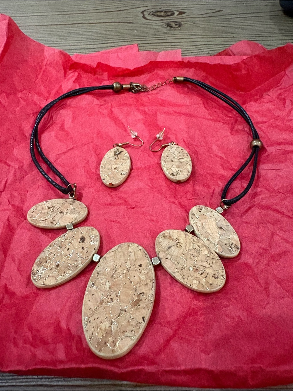 Neutral Cork Oval Statement Necklace and Earring Set